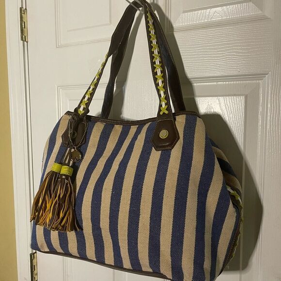 Big Buddha navy Blue &Beige stripes Fabric Large Tote Bag synthetic brown straps - Picture 3 of 16